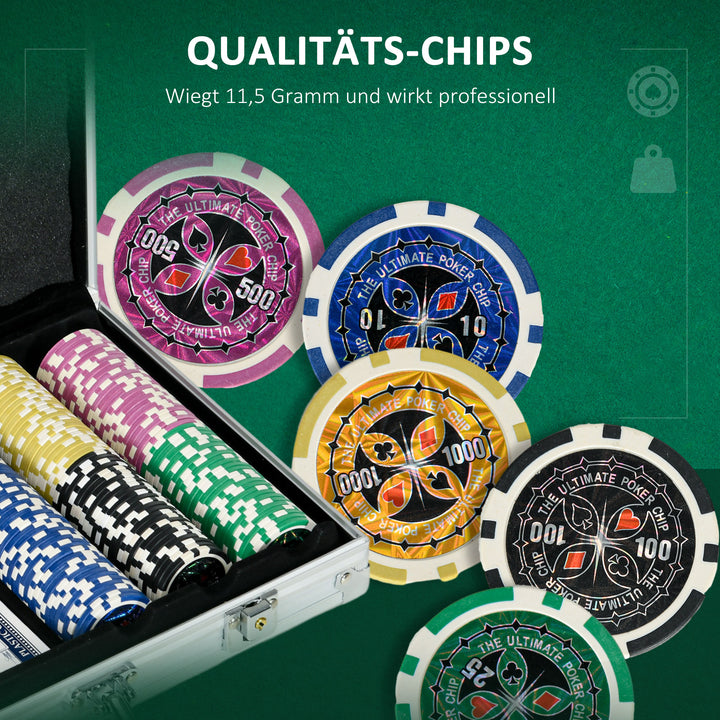 Casinotilbehør og chips pokersæt med chips pokerchipkasse, inklusive base, sæt med 300 chips, 2 sæt kort, 5 terninger