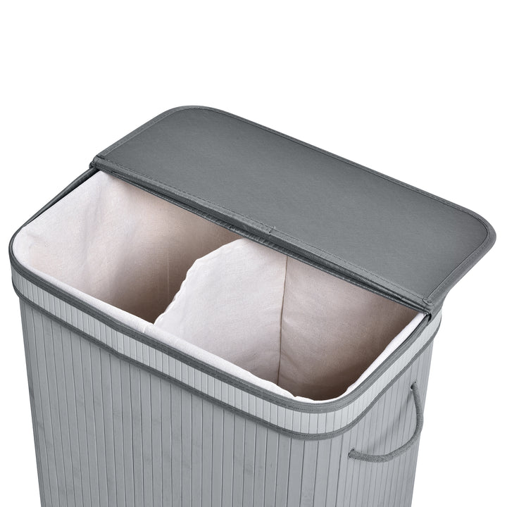 100 L bambus vasketøjskurv med låg og aftageligt for, foldbar tøjkurv, vandafvisende, grå