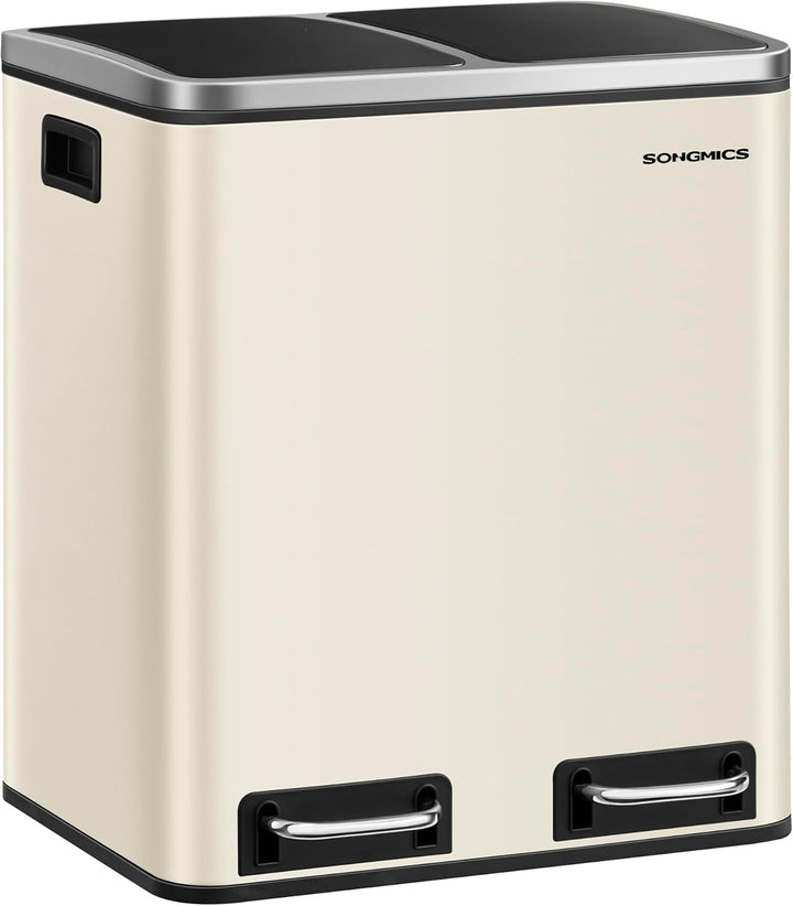 Affaldsspand, 2 x 15 l dobbelt spand til genbrug og affald, pedalsand, 15 poser inkluderet, indvendige spande, soft close til små familier, stål, sandbeige og blæksort