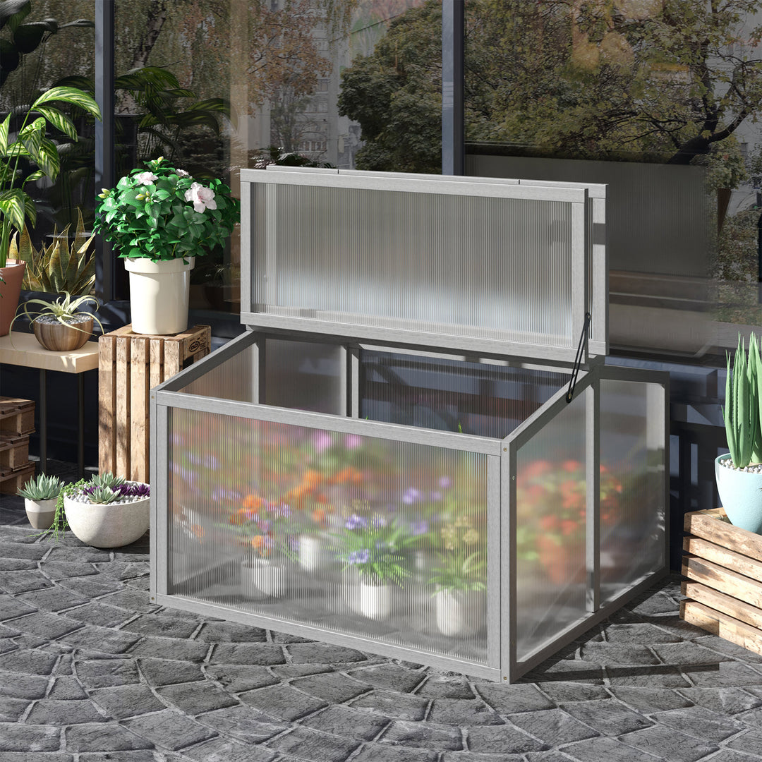 Koldrammedrivhus, koldrammeplantebed med overdækning af træ og polycarbonat, vejrbestandig, lysegrå, 90 x 80 x 58 cm