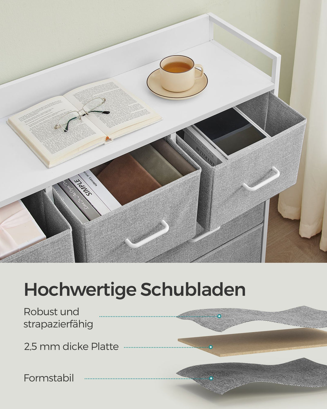 Kommode, soveværelsesmøbel, 7 stofskuffer med håndtag, metalstel, grå og hvid