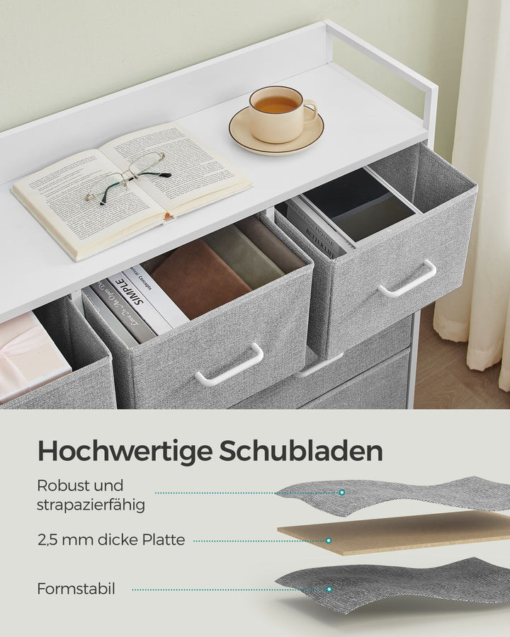 Kommode, soveværelsesmøbel, 7 stofskuffer med håndtag, metalstel, grå og hvid