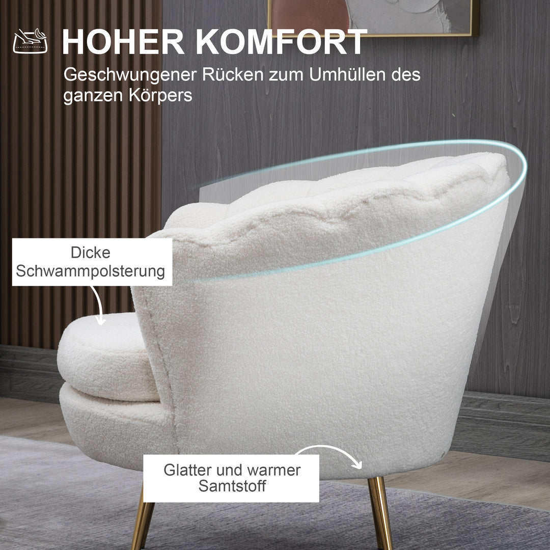 Skalformet polstret lænestol, afslappende stol, afslappende stol, guldlook metalben, 79l x 77b x 77h cm, hvid