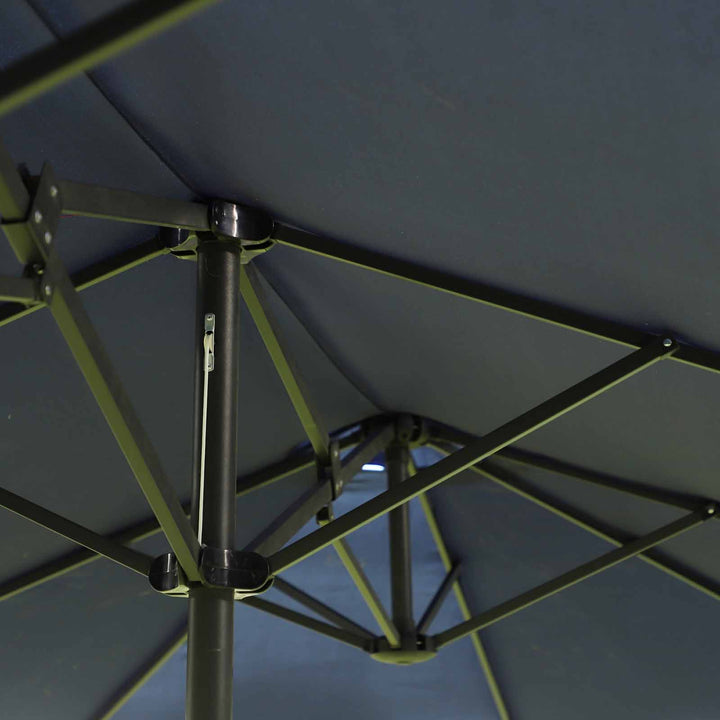 Dobbeltparasol 455 x 270 cm haveparasol med håndsving oval stabil metalstang markedsparasol dobbeltparasol terrasseparasol solbeskyttelse til strand balkon terrasse have blå
