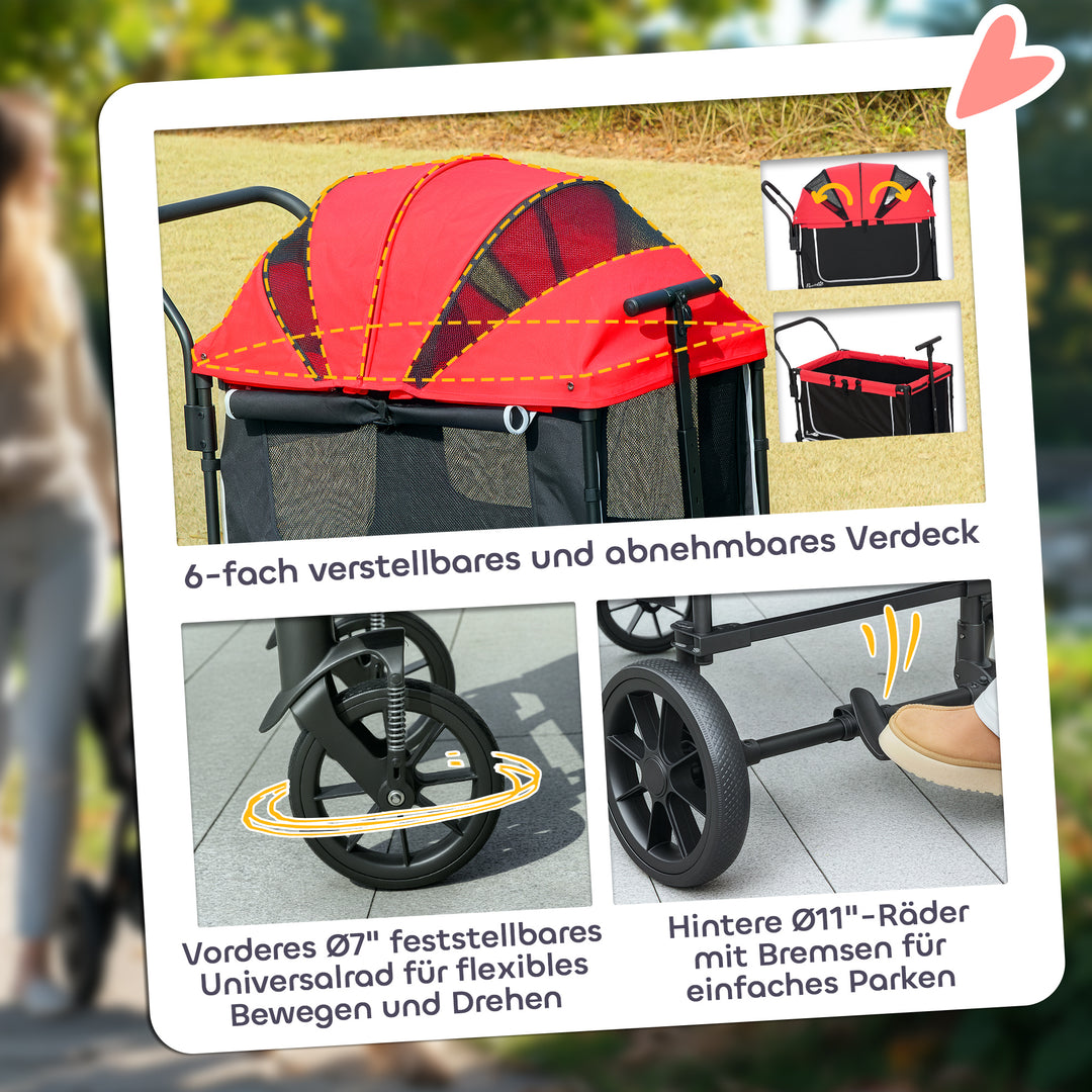 Hundeklapvogn, sammenklappelig hundeklapvogn til hunde og katte op til 30 kg, 110 x 65 x 102 cm, rød