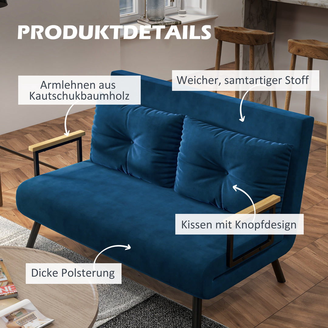 2-Personers sovesofa med fløjlsbetræk, sovefunktion, inklusive 2 puder, fløjlslook, natur + blå