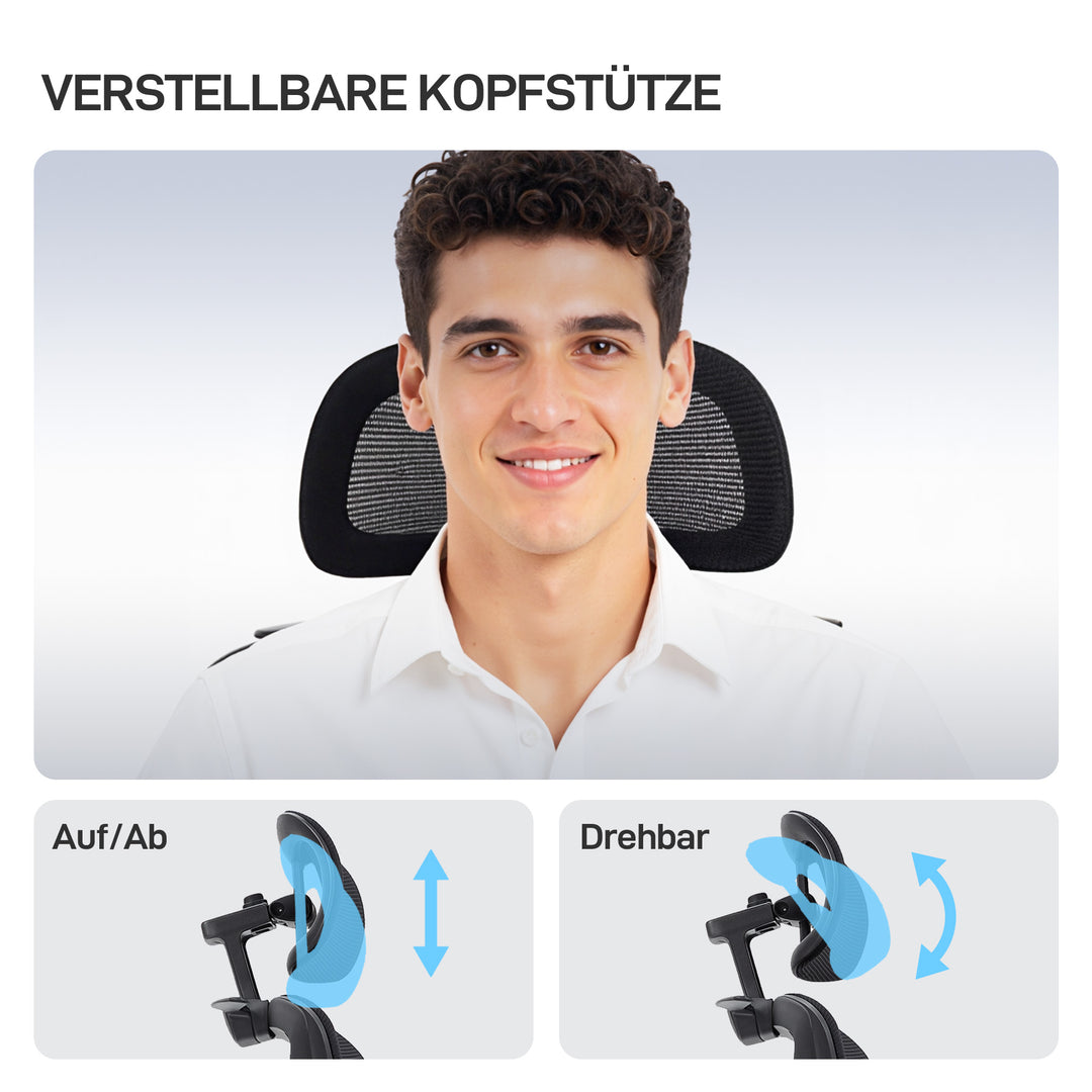 Ergonomisk kontorstol med hjul, netstof, lændestøtte, computerstol med armlæn, justerbar nakkestøtte