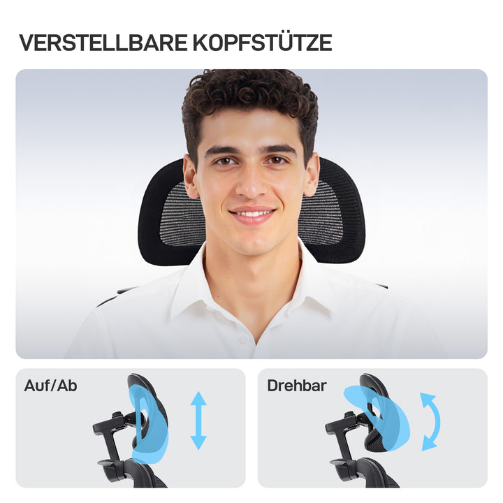 Ergonomisk kontorstol med hjul, netstof, lændestøtte, computerstol med armlæn, justerbar nakkestøtte