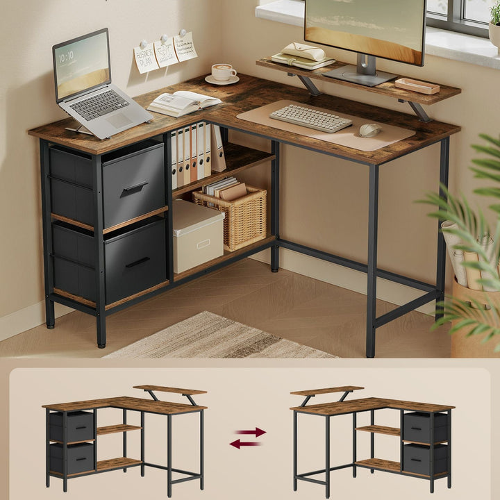 L-formet skrivebord med 2 rummelige skuffer, gaming-skrivebord med monitorholder, rustikt brun