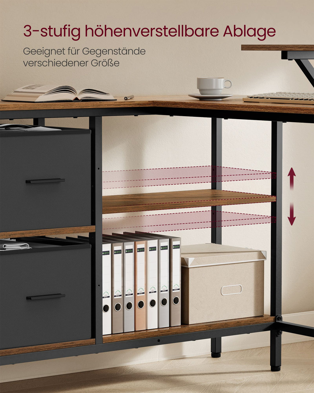 L-formet skrivebord med 2 rummelige skuffer, gaming-skrivebord med monitorholder, rustikt brun