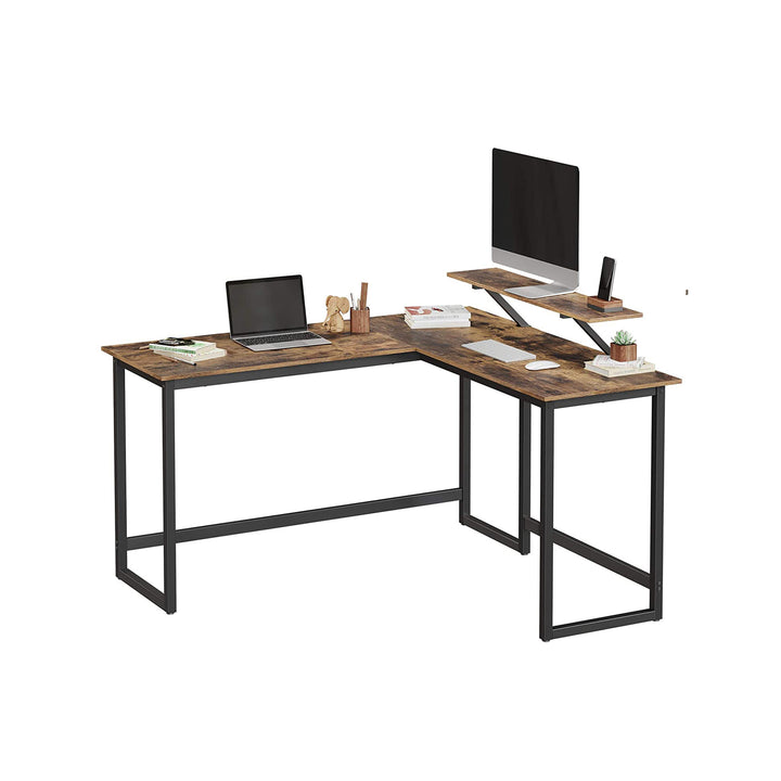 L-formet skrivebord med skærmholder i rustik brun, 140 x 130 x 76/91,5 cm