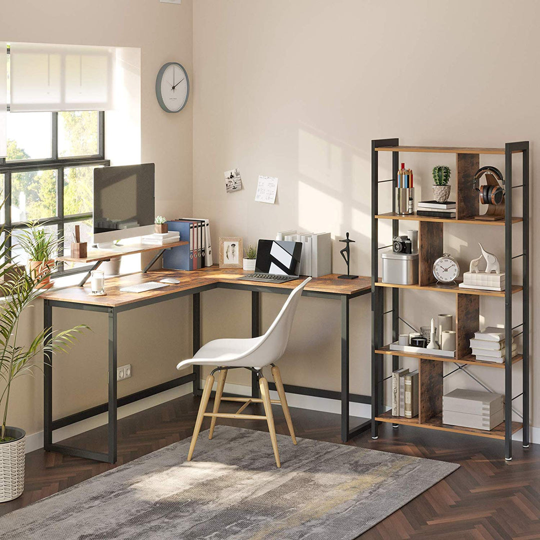 L-formet skrivebord med skærmholder i rustik brun, 140 x 130 x 76/91,5 cm