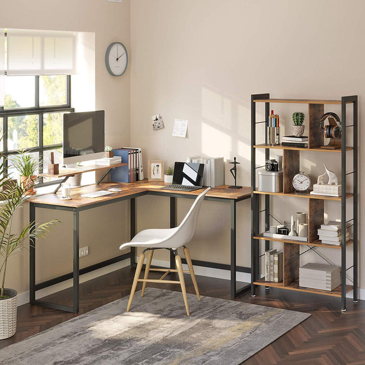 L-formet skrivebord med skærmholder i rustik brun, 140 x 130 x 76/91,5 cm