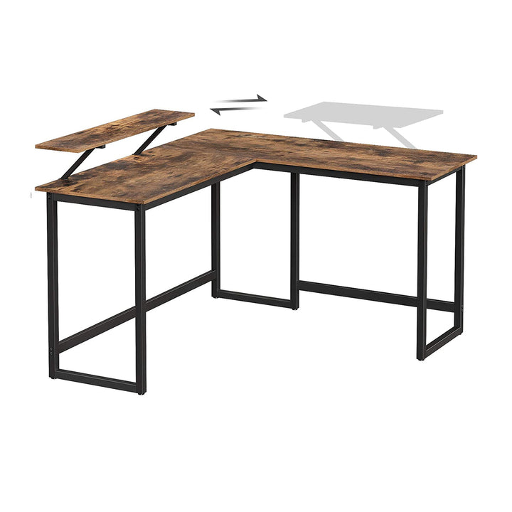 L-formet skrivebord med skærmholder i rustik brun, 140 x 130 x 76/91,5 cm