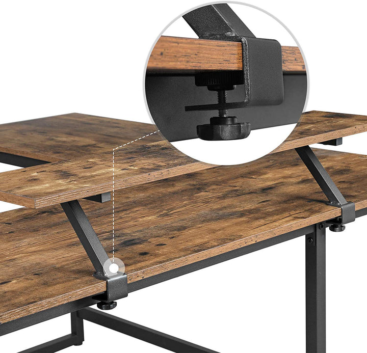 L-formet skrivebord med skærmholder i rustik brun, 140 x 130 x 76/91,5 cm