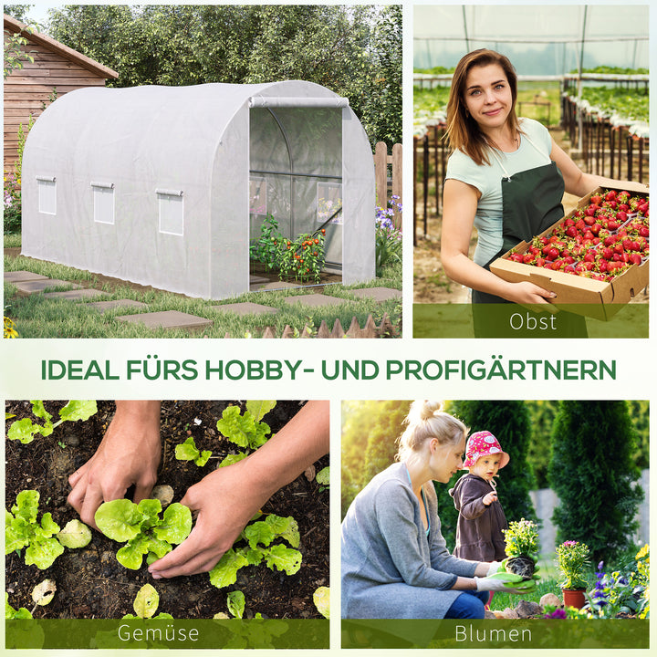 Drivhus 350x200x200cm, polytunneldrivhus, tomathus med dør, vindue, galvaniseret stålpolytunnel, plantetunnel, drivhus inklusive jordankre og reb, havetunnel, hvid