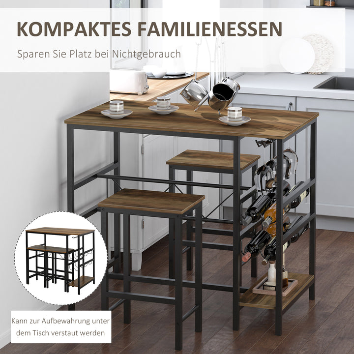 Barbordsæt, højbord med 2 barstole, 3-delt bordsæt køkkenbord med flaskeholder spånplade, stål, naturlig+sort, 108 x 60 x 95h cm