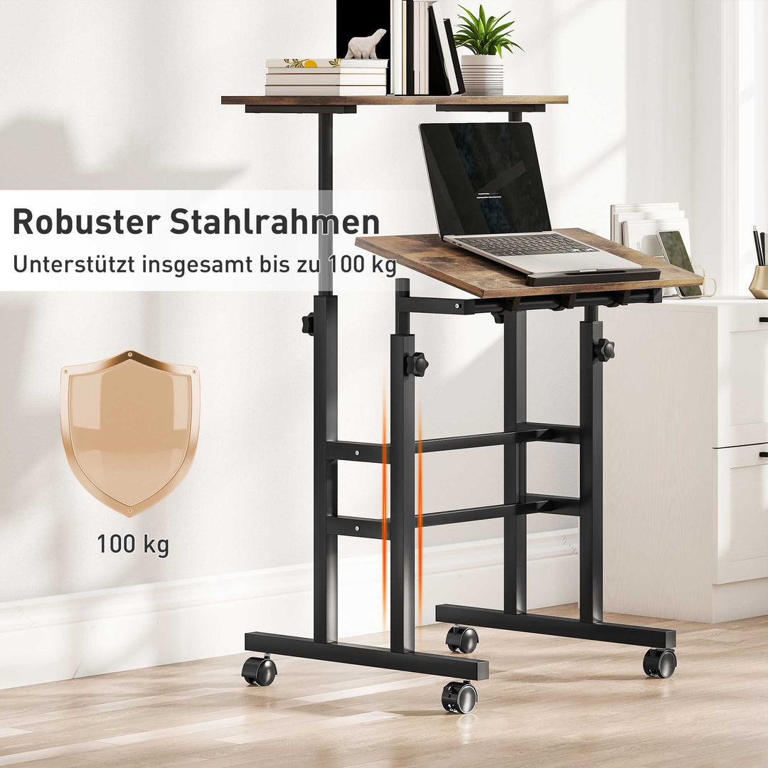 Højdejusterbart skrivebord, køkkenbord med hylde, hjul, rustikt brunt computerbord, 60 x 60 x 70,5-120 cm