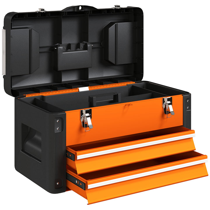 Tom værktøjskasse, 49,7 x 25,3 x 28,9 cm værktøjskasse med skuffe, minikasse stål orange