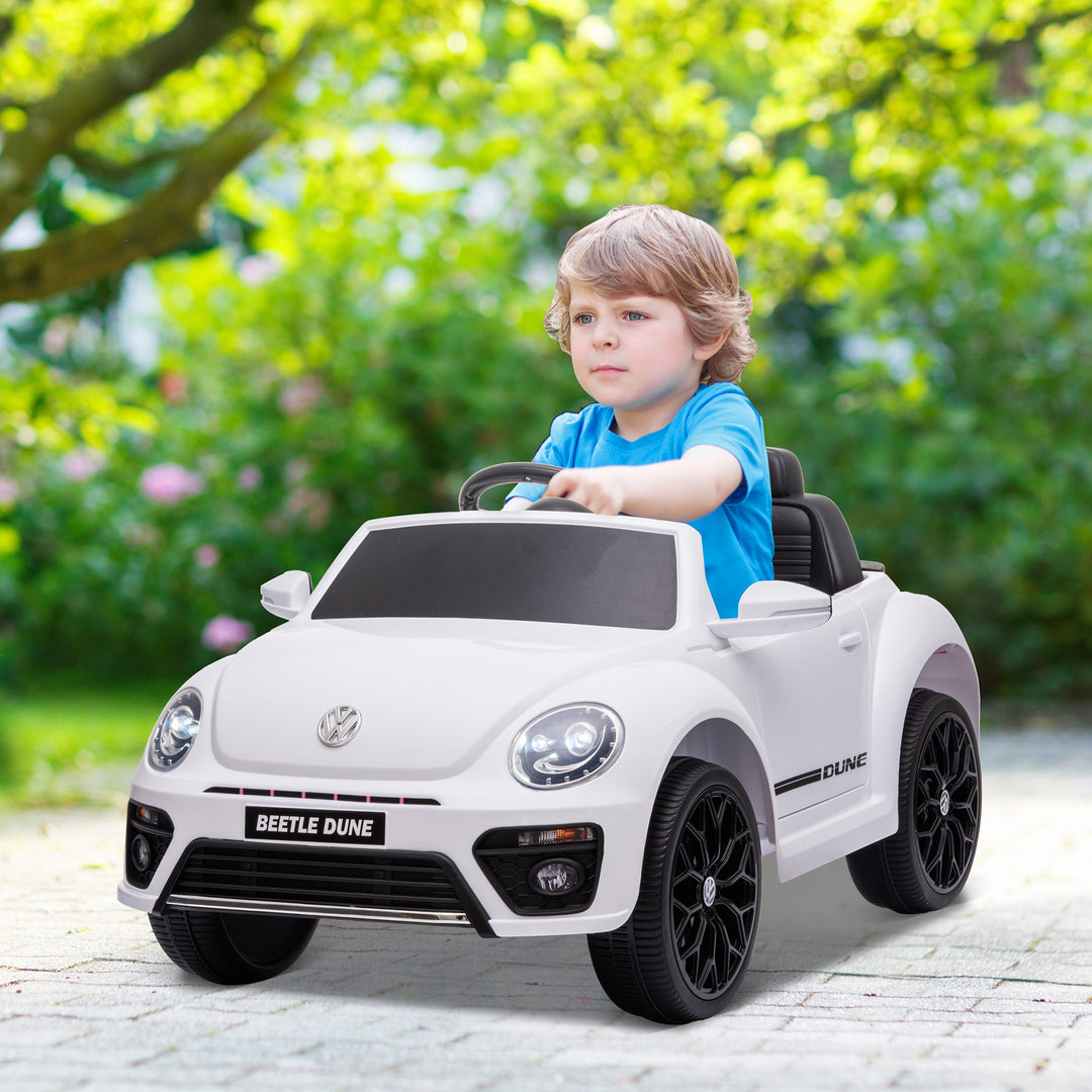 Elektrisk børnebil, vw beetle, 3-5 km/t, med fjernbetjening og musik, hvid