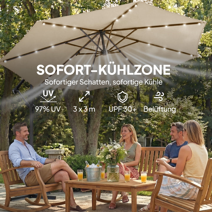 LED solcelledrevet parasol, ca. Ø300 cm, drejelig, med håndsving, beskyttelsesovertræk, beige