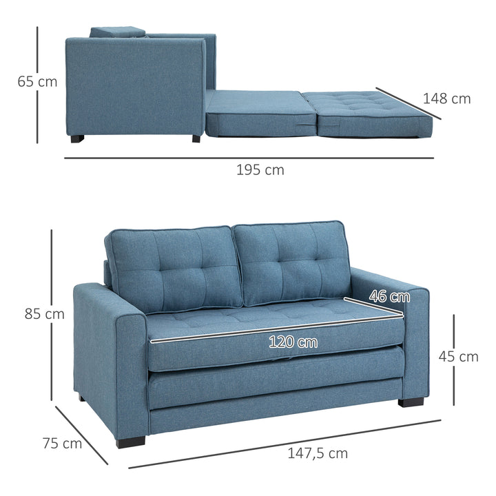 Sovesofa klapsofa 2-personers stof sovesofa sofa med sovefunktion sofasæt linen touch gummitræ blå 147,5 x 75 x 85 cm