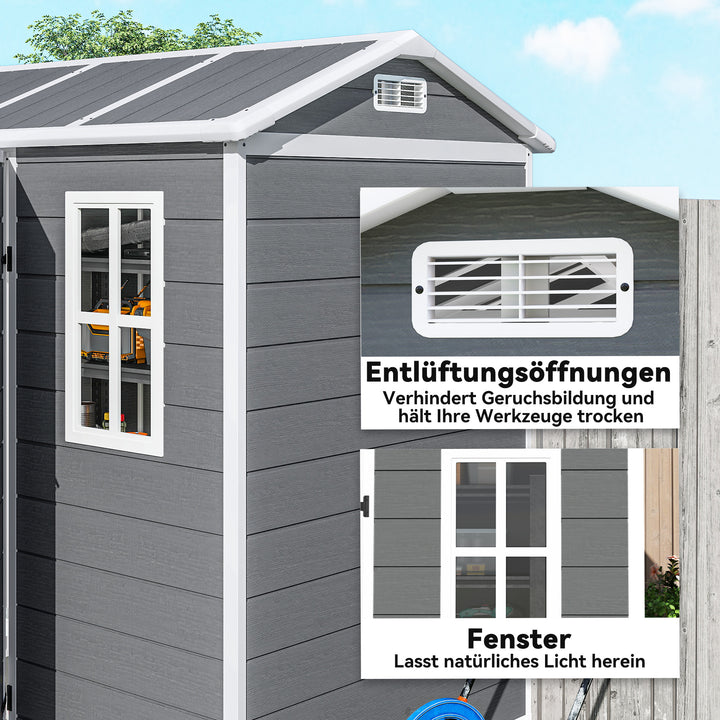 Haveskur med gulv, vindue, aflåselig dør, plastharpiks, vejrbestandig, grå