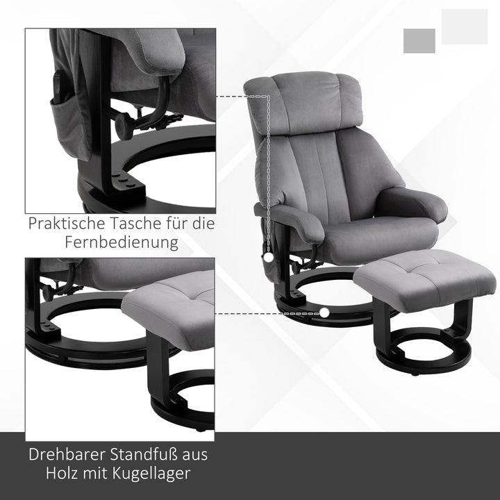 Lænestol med fodskammel, drejelig TV-lænestol med vibrationsmassage, lænefunktion, massagestol med sidelomme, fløjlslook loungestol til stuen, grå