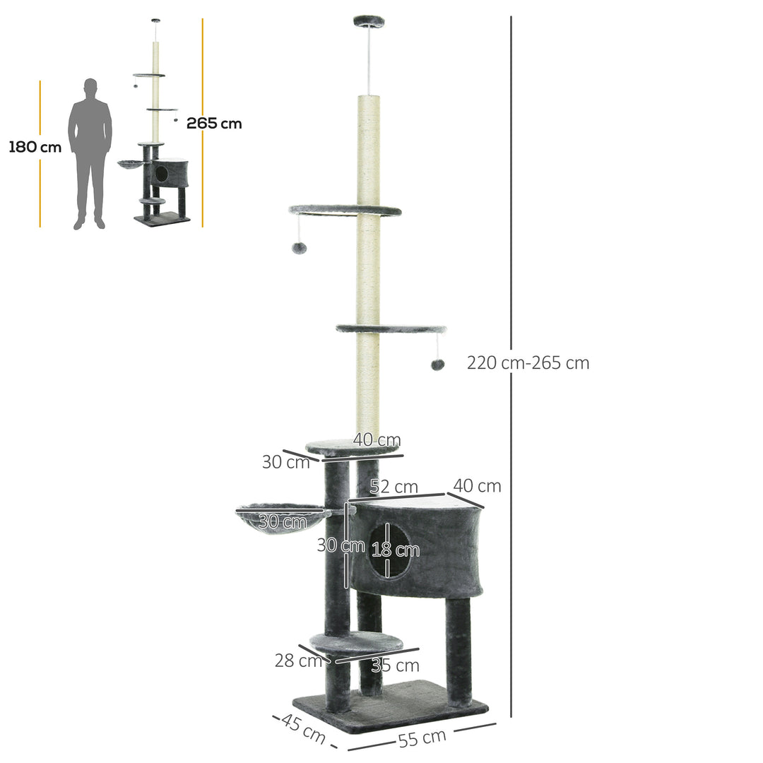 Lofthøjt kradsetræ, højde 220-265 cm, kradsetræ med legebolde, kattehule, hængekøje, sisalstolper, platforme, kradsetræ i flere niveauer til katte, klatretræ til mellemstore katte, mørkegrå