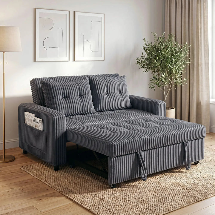 2-personers sovesofa i fløjl, omdannes nemt til seng, inkl. 2 puder og sidelommer, 157 x 190 cm, mørkegrå