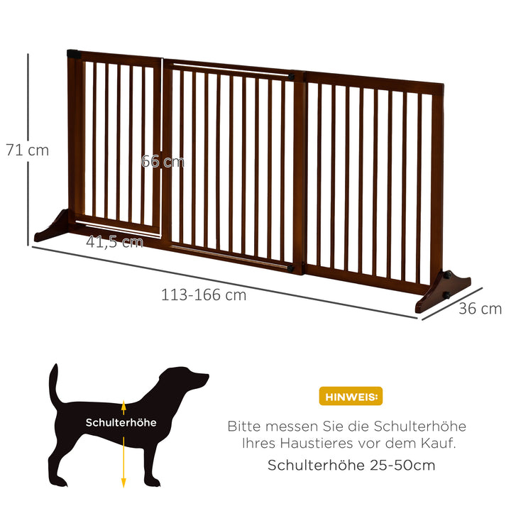 Hundegitter dør sikkerhedsgitter træ fritstående hundegitter med dør hundebarrier konfigurationsgitter til pejs og komfur brun 113-166 x 36 x 71 cm