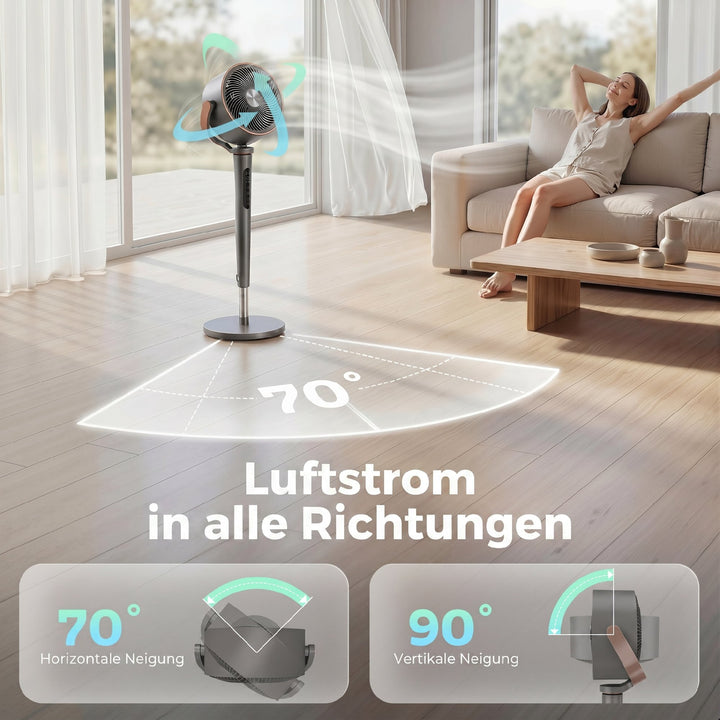 Sokkelventilator, luftcirkulator, ventilator med 12 hastighedsindstillinger, LED-display, fjernbetjening, 70°+90° oscillation, grå