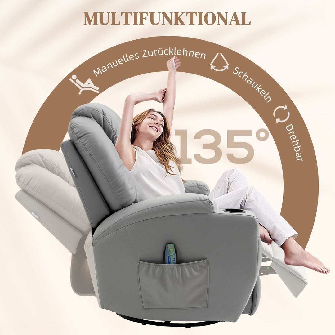 Massagestol med fodstøtte, 8 vibrationspunkter, 5 tilstande, inklusive fjernbetjening, lysegrå