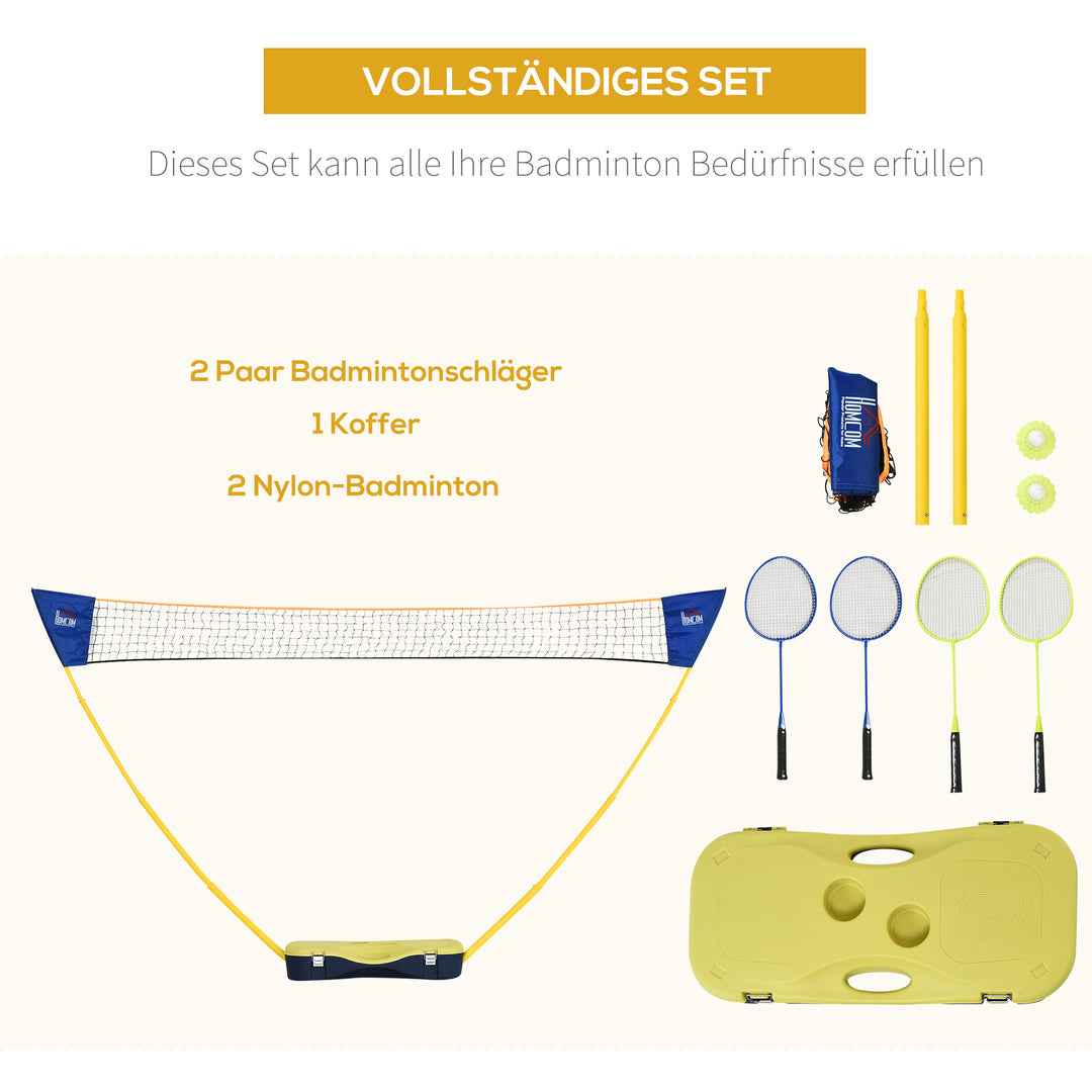 Badmintonnet med stativ, badmintonnetstativ, bærbart netstativ, badmintonnet med 4 badmintonketchere, udendørssport, gul+blå, 286 x 33 x 157 cm