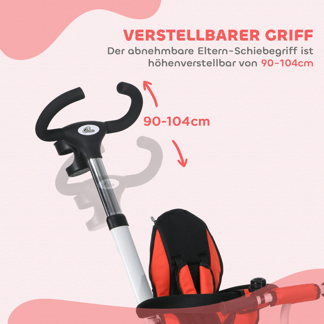 6-I-1 børnetrecykel med skubbehåndtag, kaleche, sele, opbevaringskurv, 18+ måneder, rød