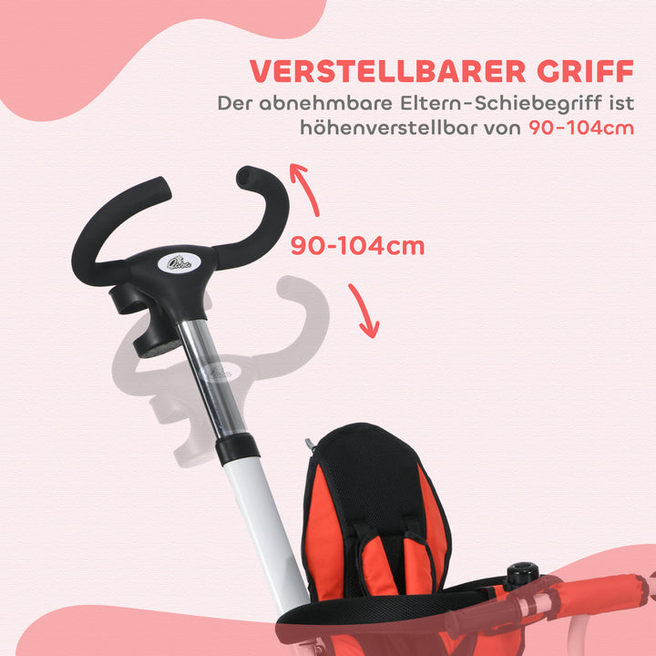 6-I-1 børnetrecykel med skubbehåndtag, kaleche, sele, opbevaringskurv, 18+ måneder, rød