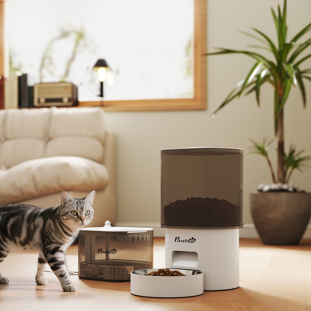 Automatisk foderautomat og 2,5 liters vanddispenser til små hunde og katte, hvid