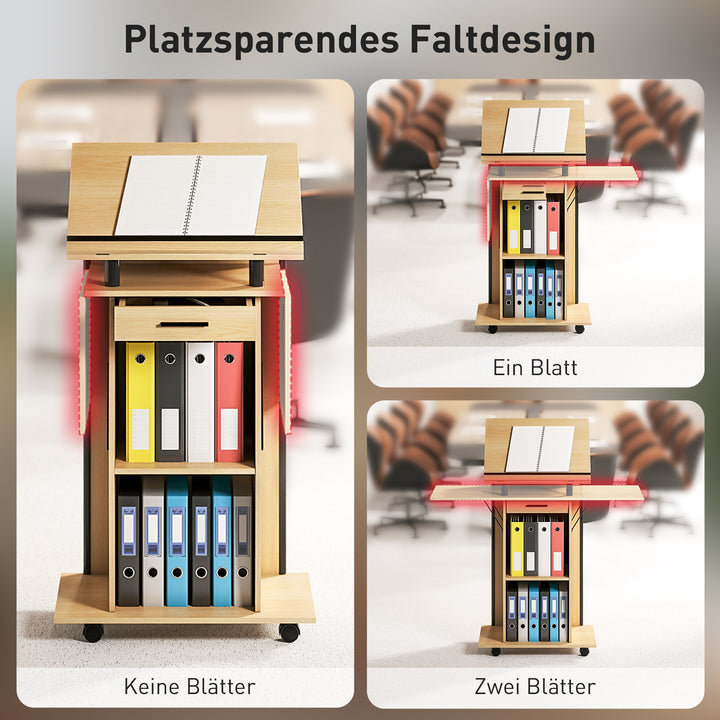 Rullende podiumstativ, talerpult med foldbare sidevinger, laptopbord med skuffe og hylder, egetræslook