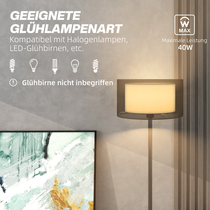 Gulvlampe, tofarvet lampeskærm, fodkontakt, metal, sort