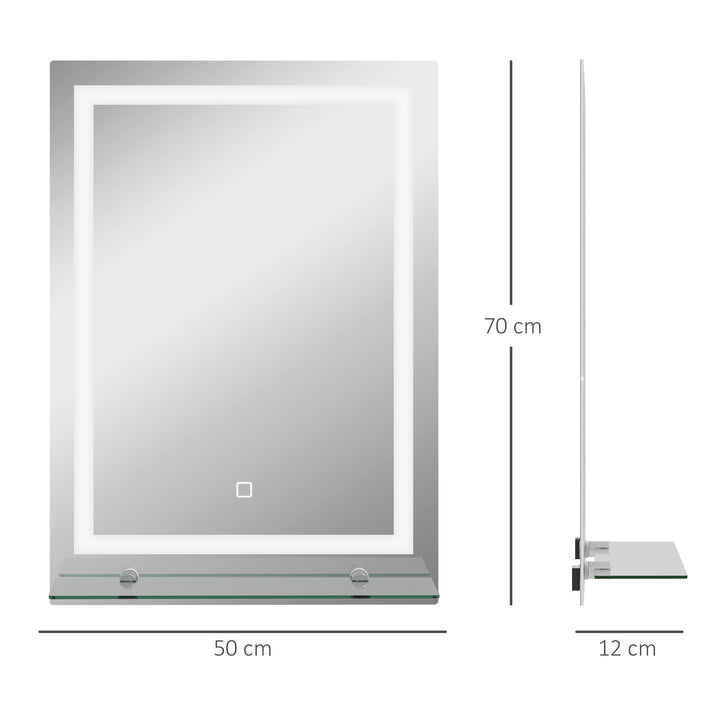 LED badeværelsesspejl, dæmpbart, antidug, touch-afbryder, hylde, 50 x 70 cm, sølv