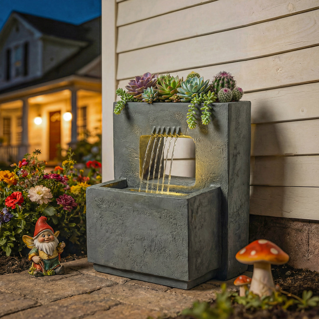 2-lags havefontæne med LED-belysning, plantekasse, pumpe, stenlook, justerbar, 45 x 31,5 x 58,5 cm