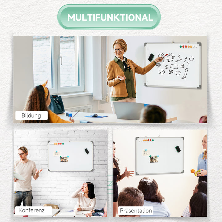Whiteboard, magnettavle, memoboard, inklusive tilbehør: 4 tuscher, 1 viskelæder, 10 magneter, hvid + sølv