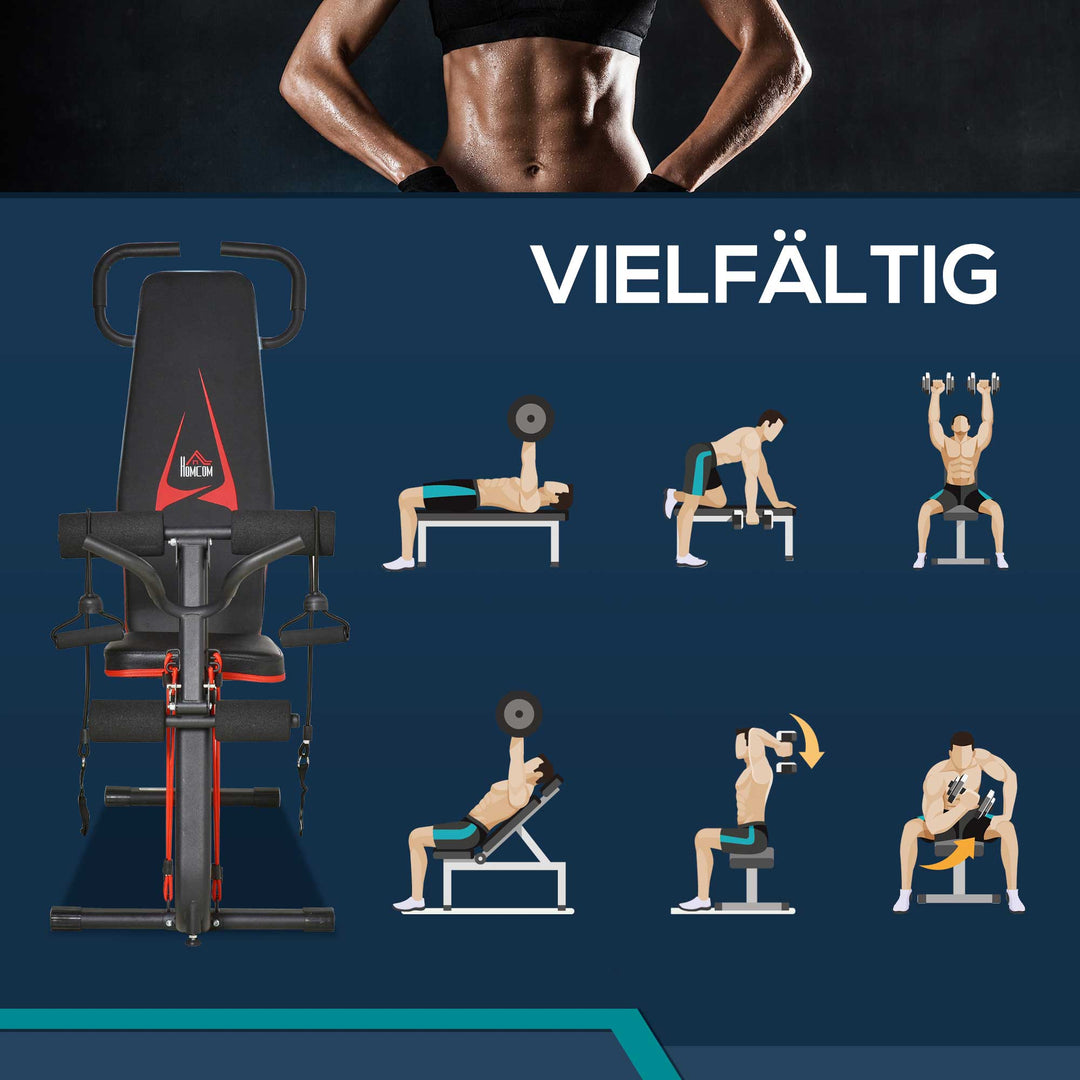 Vægtbænk justerbar træningsbænk med elastisk reb siddebænk til hjemmetræning 6 niveauer ryglæn skråvægt op til 150 kg stål kunstlæder sort+rød 145 x 49 x 48-127 cm