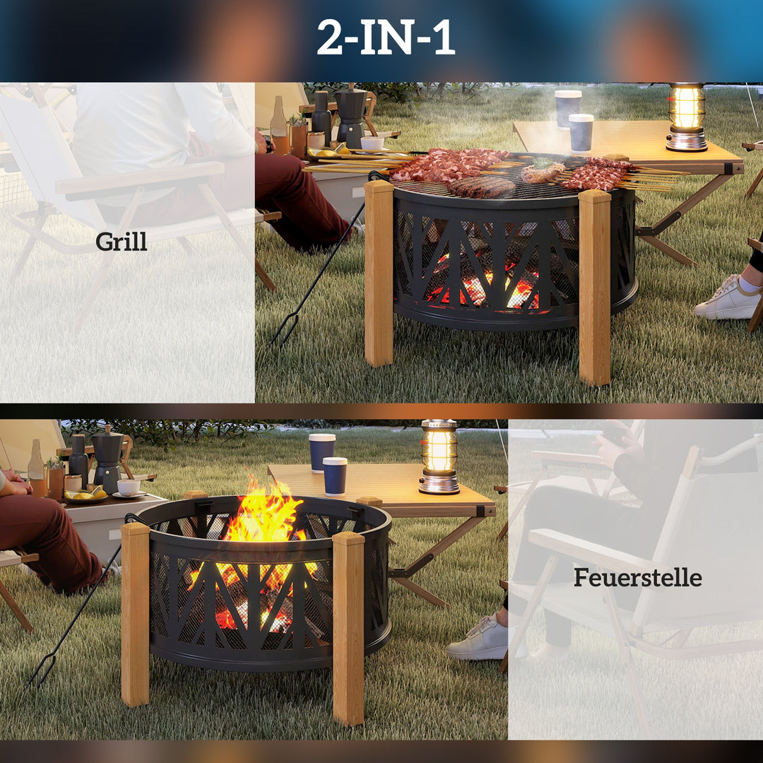 2-i-1 bålfad Ø75 x 58 cm bålsted med gnistnet, poker, grillrist, sort