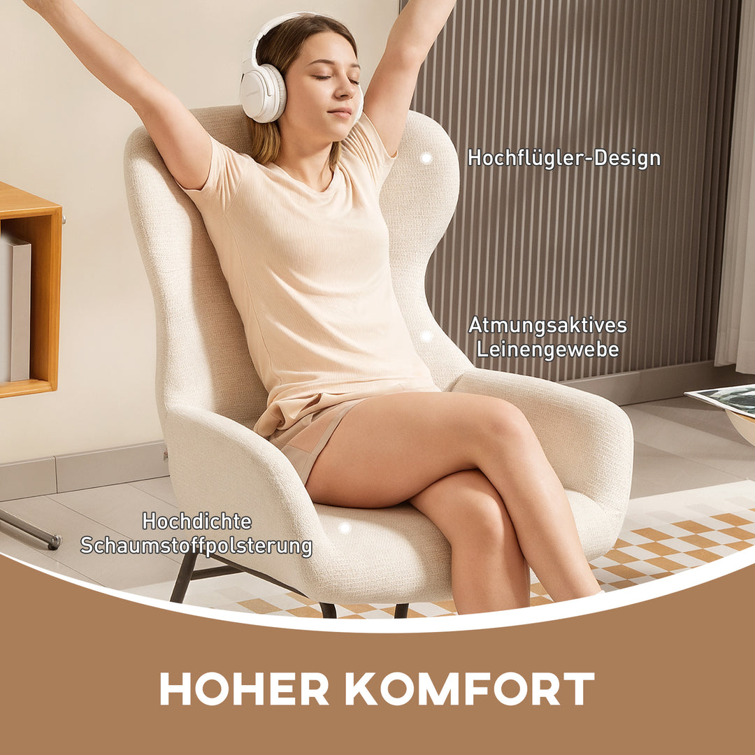 Moderne polstret stol i wingback-stil, høj ryglæn, tyk polstring, stålben, cremehvid