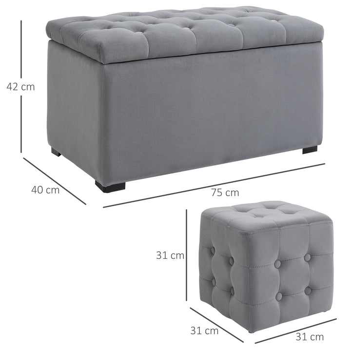 3-Delt opbevaringssæt, 2 x puffer, polstret kommode, fodskammel, opbevaringsboks, fodstøtte, lasteevne op til 130 kg, mikrofiberstof, skum, 75 x 40 x 42 cm, lysegrå