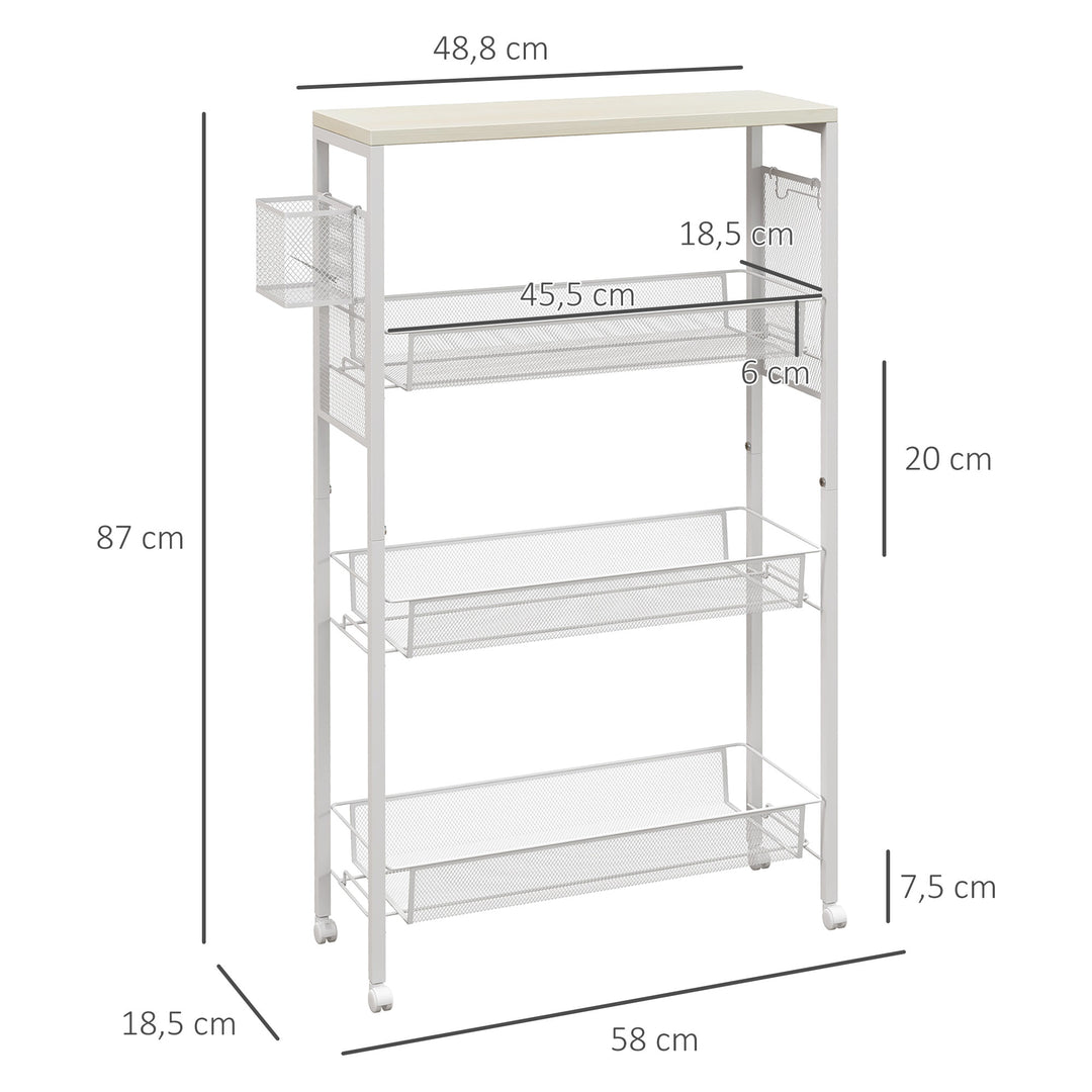 Nichevogn multifunktionel køkkenvogn, 3 hylder, krogene, 58 cm x 18,5 cm x 87 cm, hvid