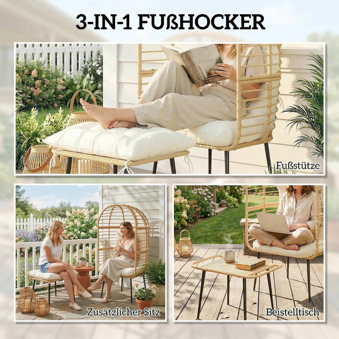 Havestol med fodskammel, ægformet fletstol i PE-rattan med lange og tykke hynder, metalstel, beige