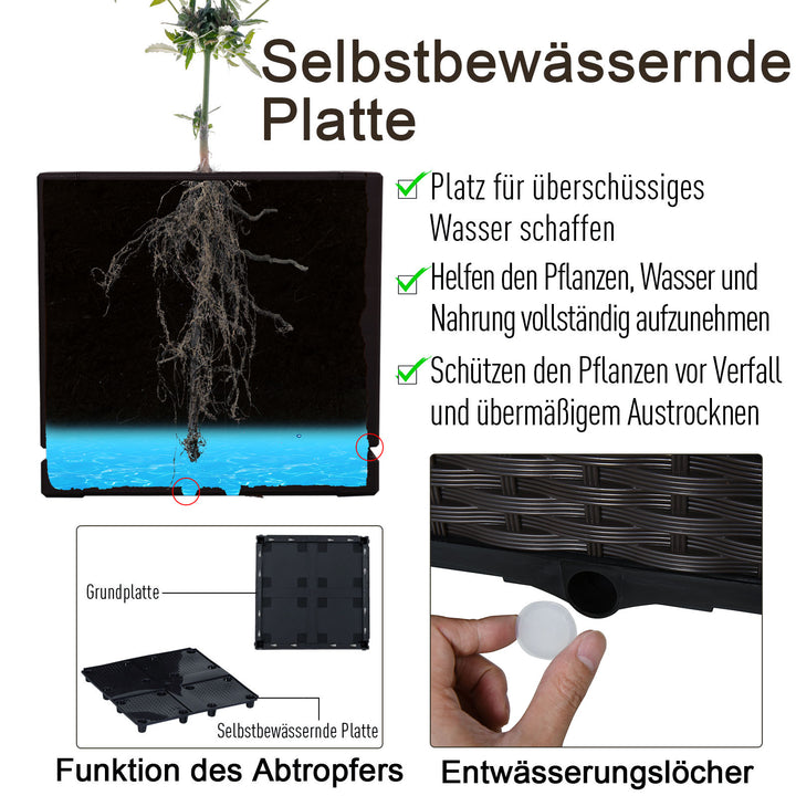 Højbed, plantekasse med drænhuller, blomsterkasse i rottinglook, plastik, brun, 40 x 40 x 44 cm