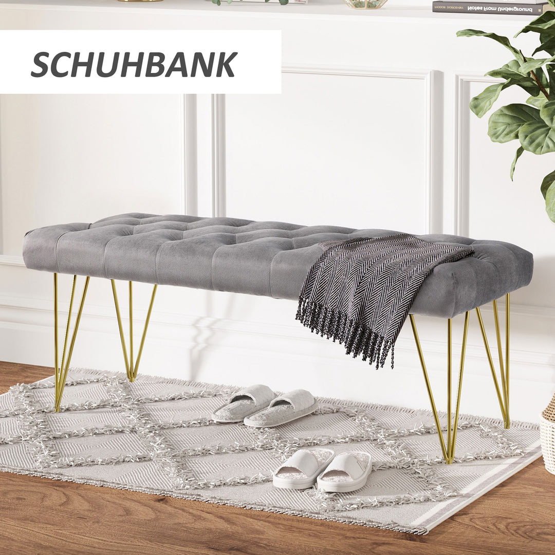 Bænk polstret bænk klaverbænk skobænk med fløjlslook sengebænk klaverbænk til soveværelse, stue, entré, metalgrå 116 x 44,5 x 49 cm